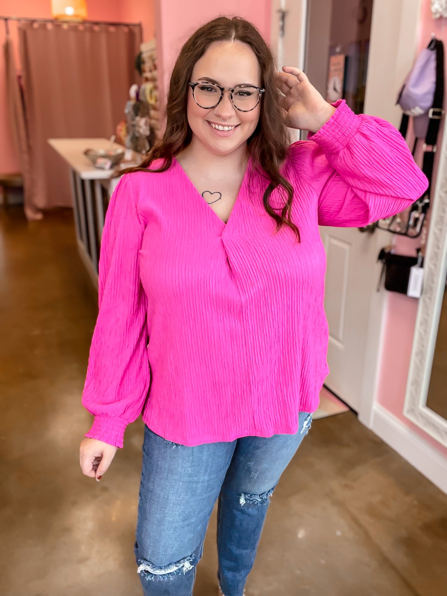 Pink Long Sleeve Blouse (S-3X)