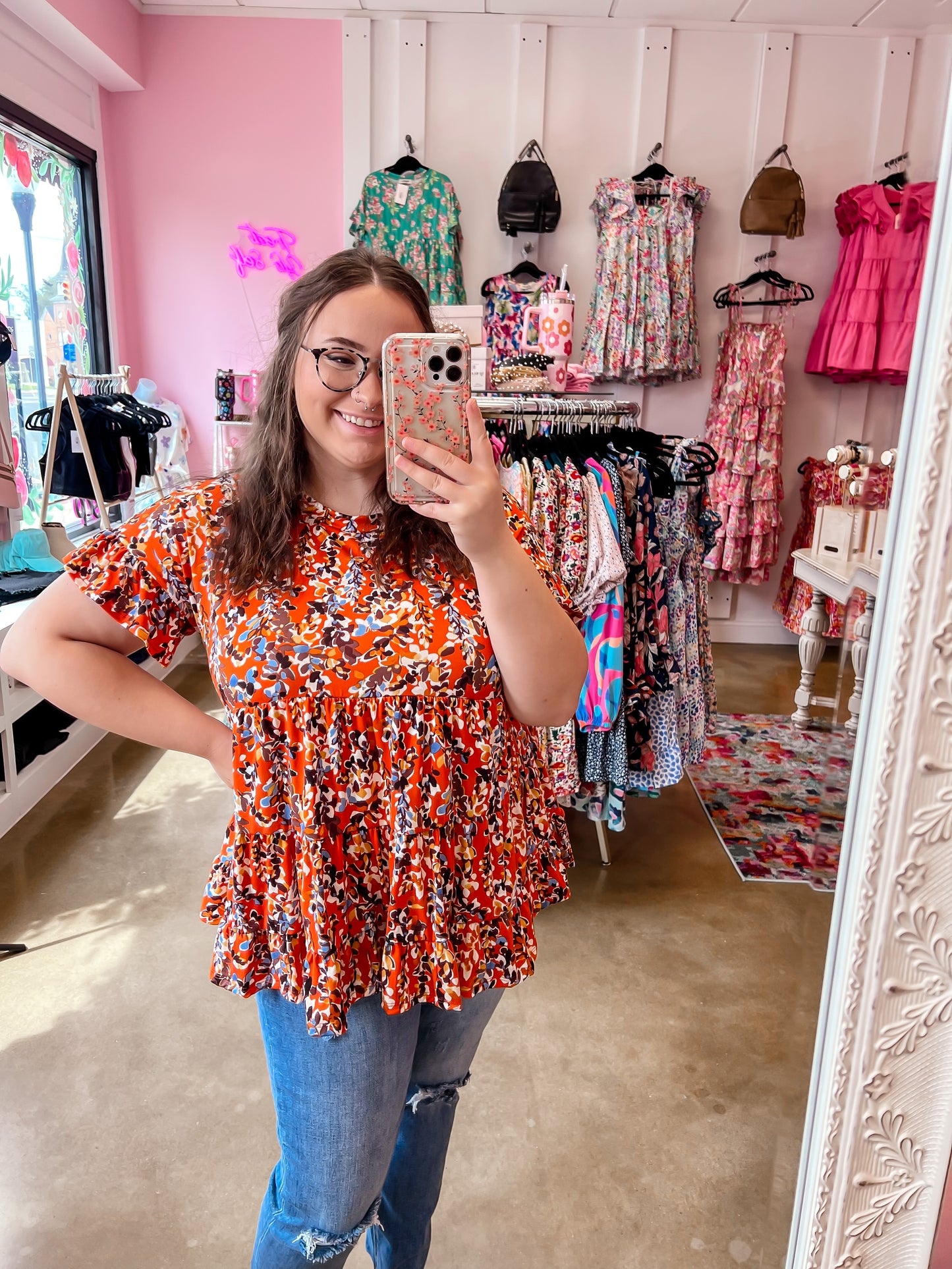 Orange Floral Babydoll Top