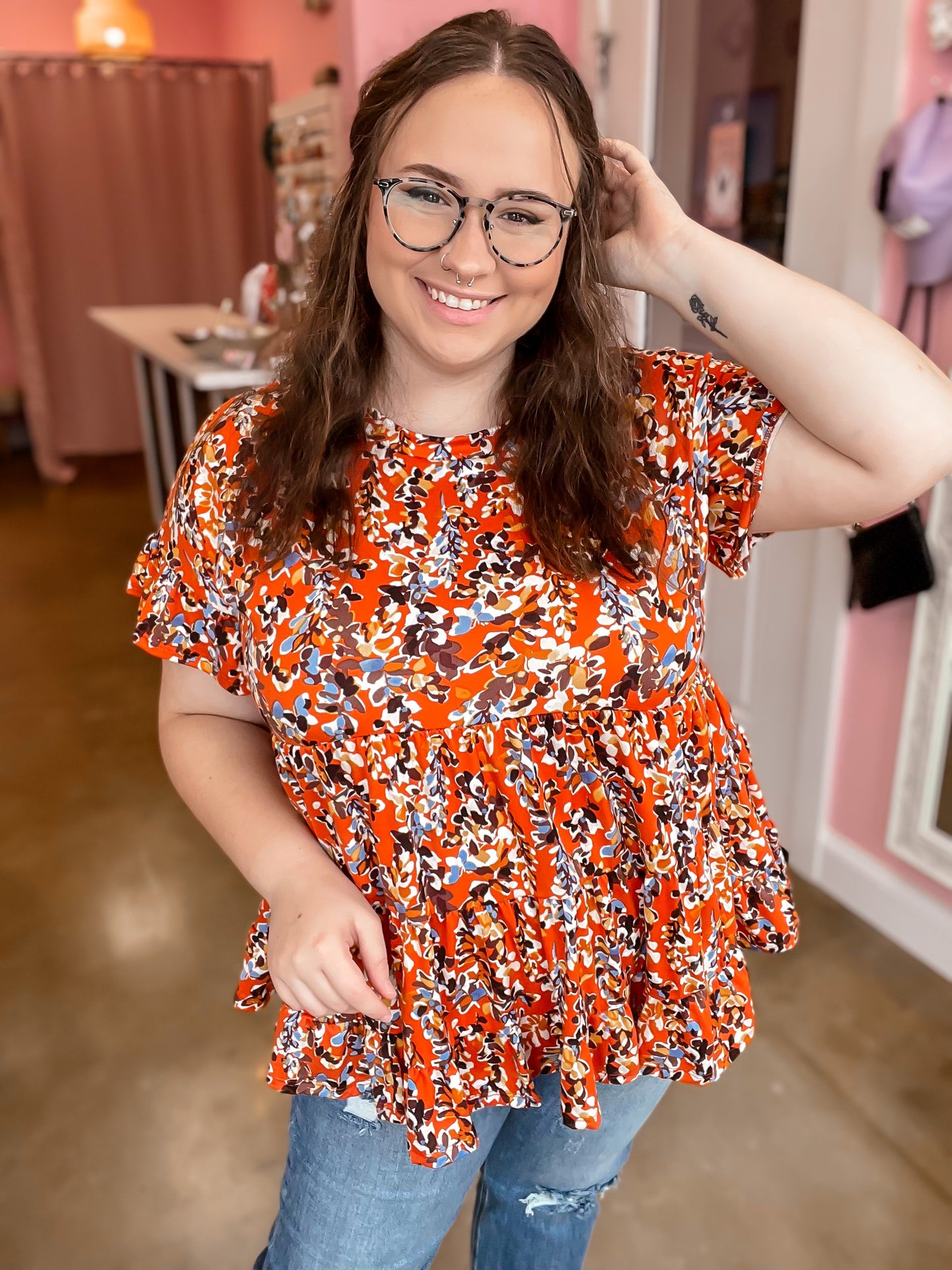 Orange Floral Babydoll Top