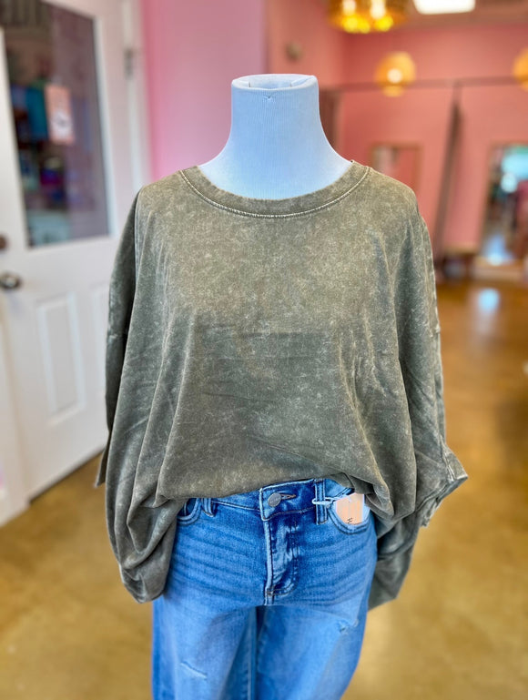 Acid Wash Boyfriend Tee - Curvy Olive