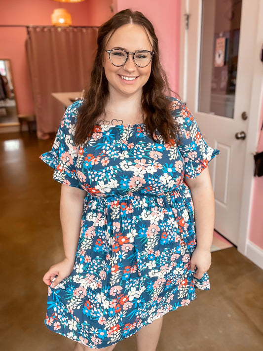 Blue Square Neck Floral Dress