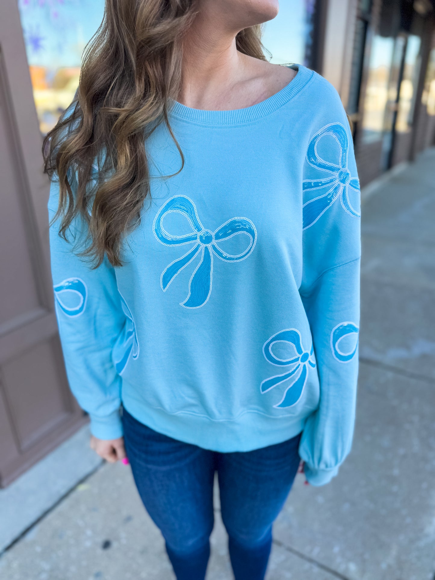 Blue Sequin Bow Pullover