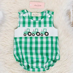 Green Gingham Smocked Tractor Bubble