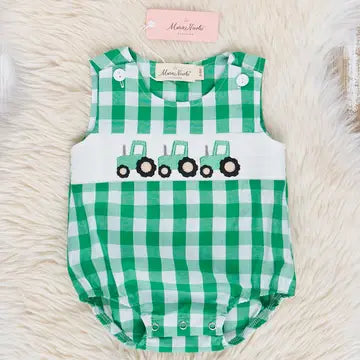 Green Gingham Smocked Tractor Bubble
