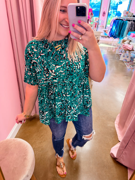 Green Patterned Babydoll Top