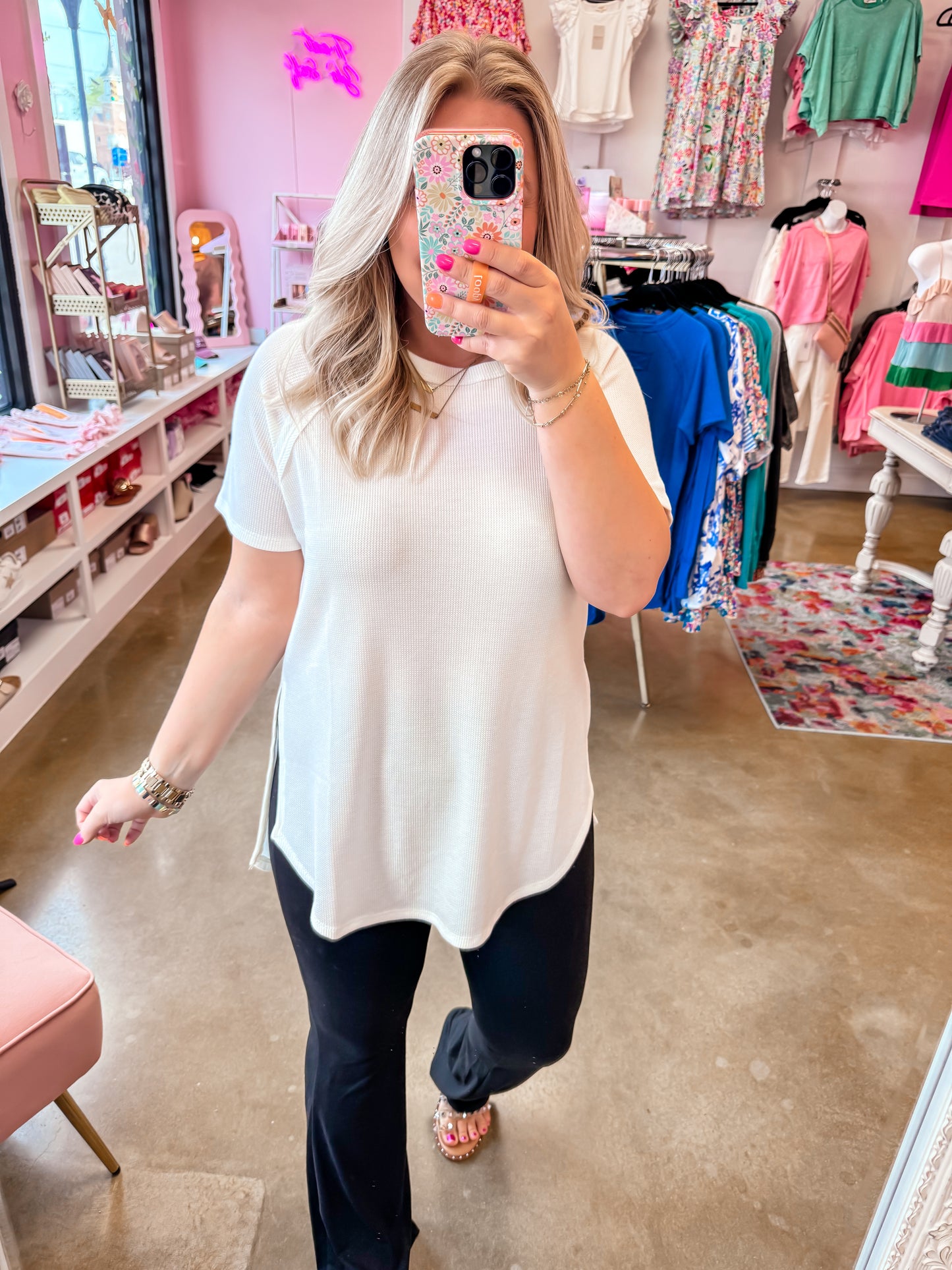 Short Sleeve Waffle Top - Ivory