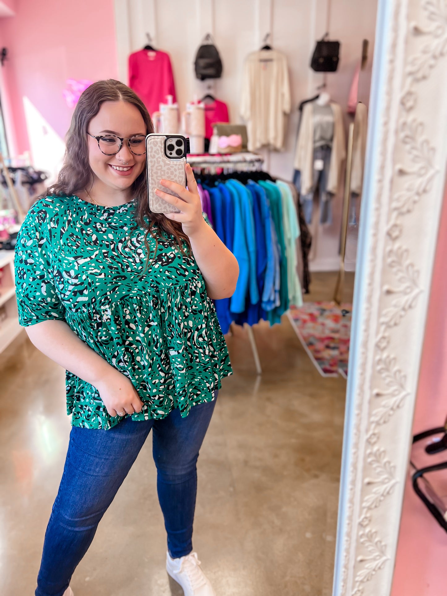 Green Patterned Babydoll Top