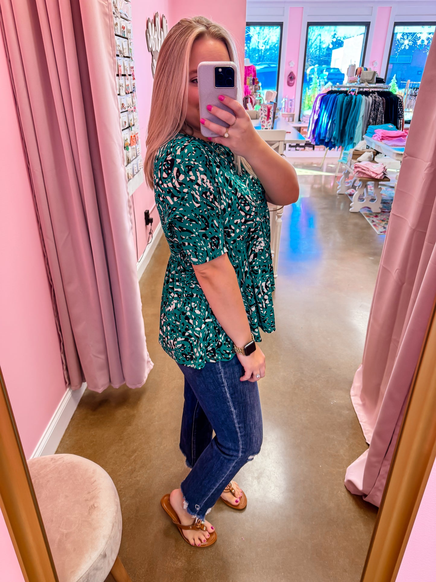 Green Patterned Babydoll Top