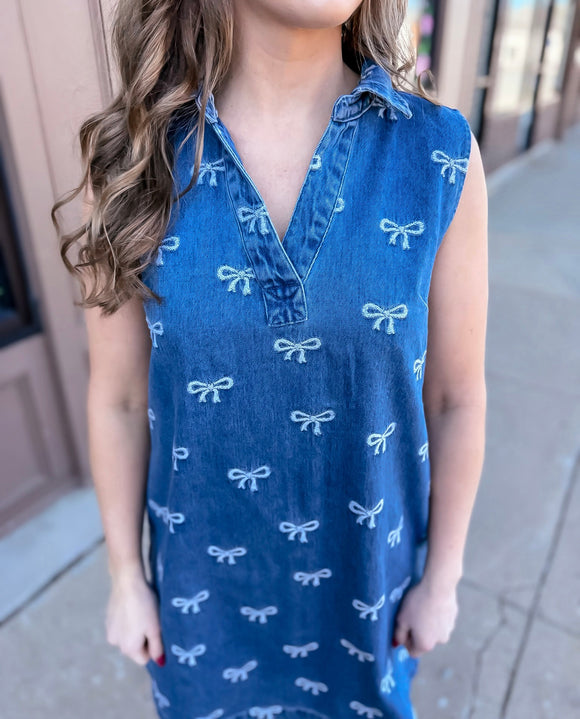 Denim Darling Bow Embroidered Dress