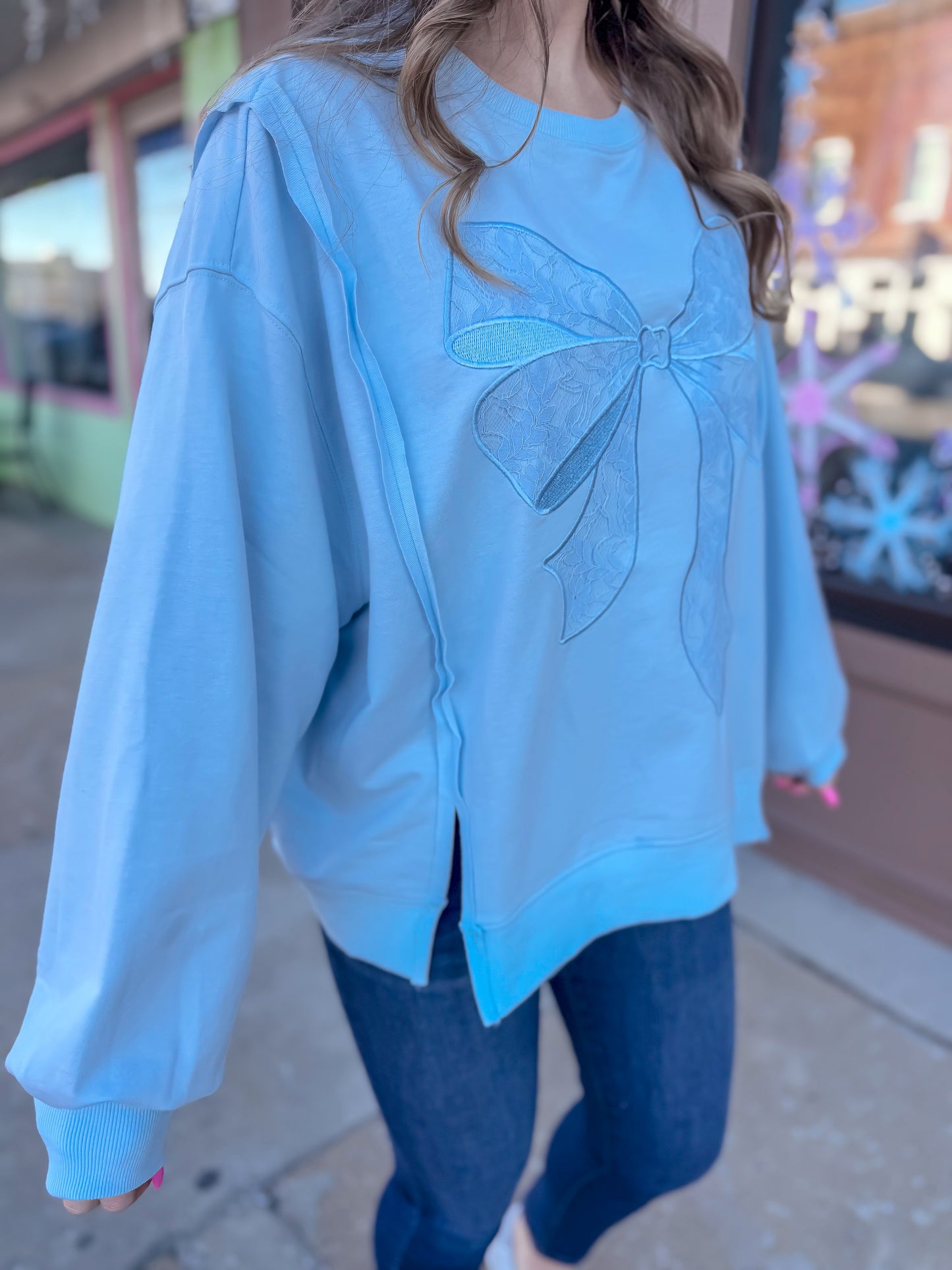 Blue Lace Bow Top