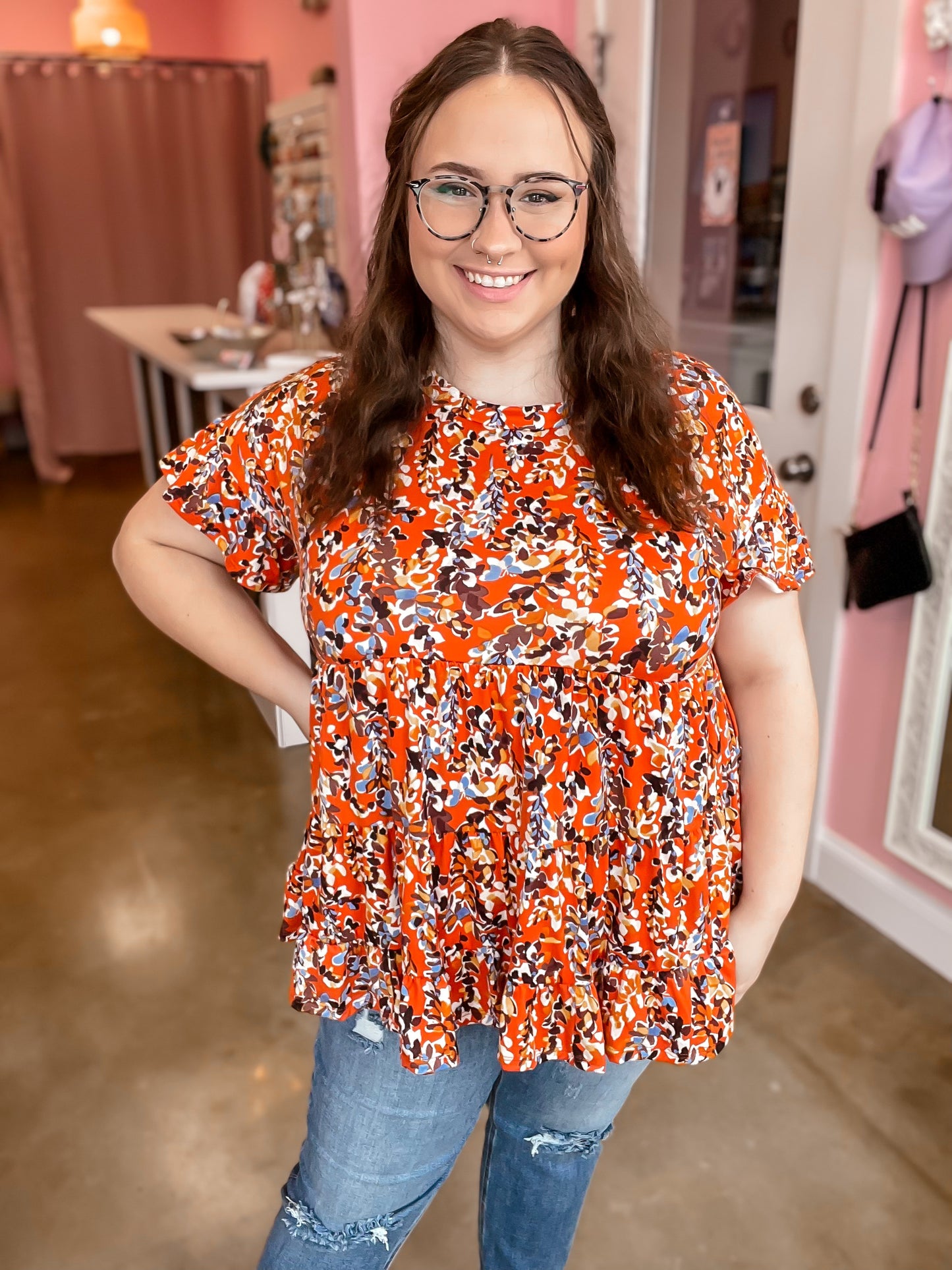 Orange Floral Babydoll Top