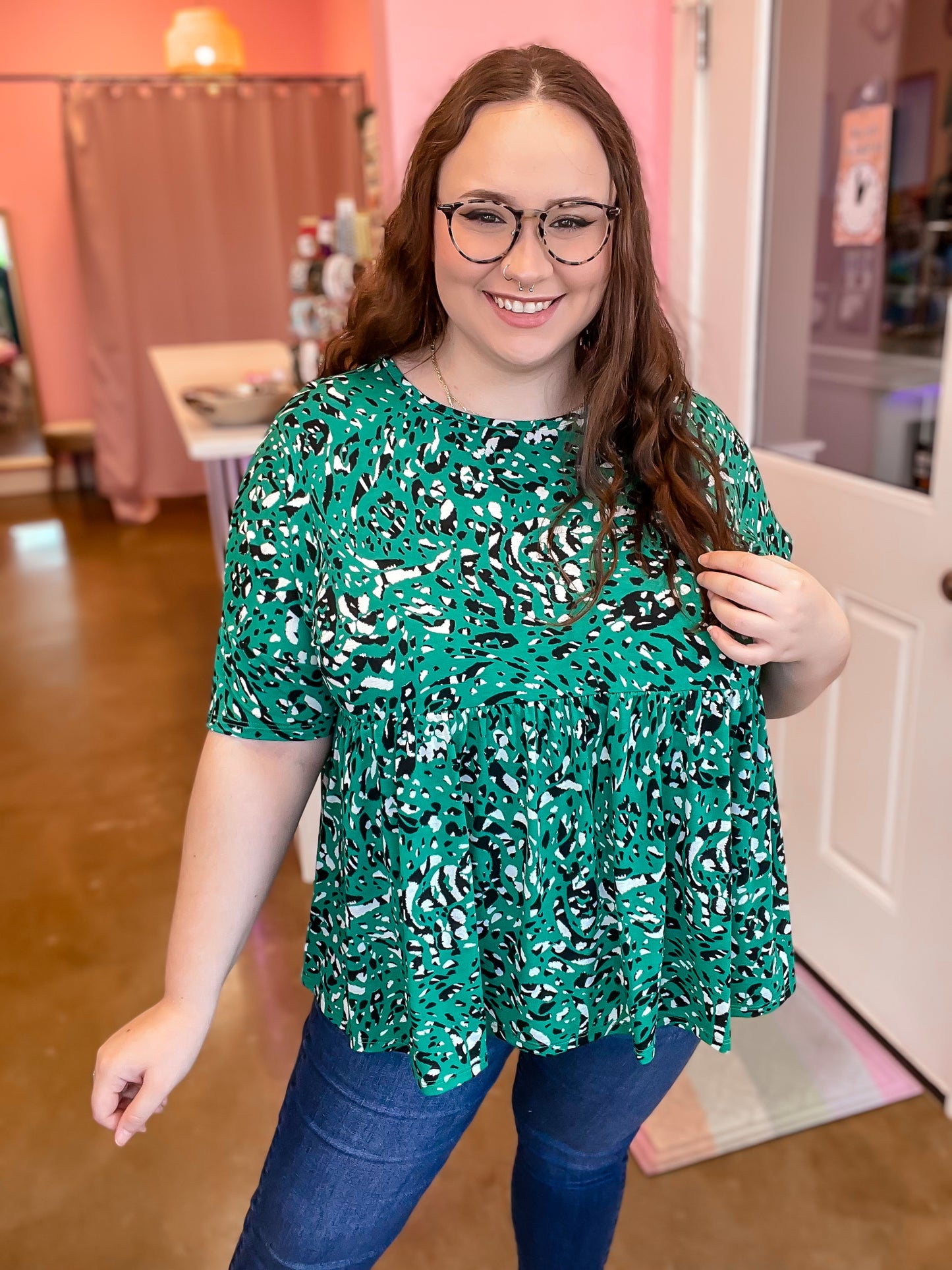 Green Patterned Babydoll Top