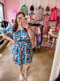 Blue Square Neck Floral Dress