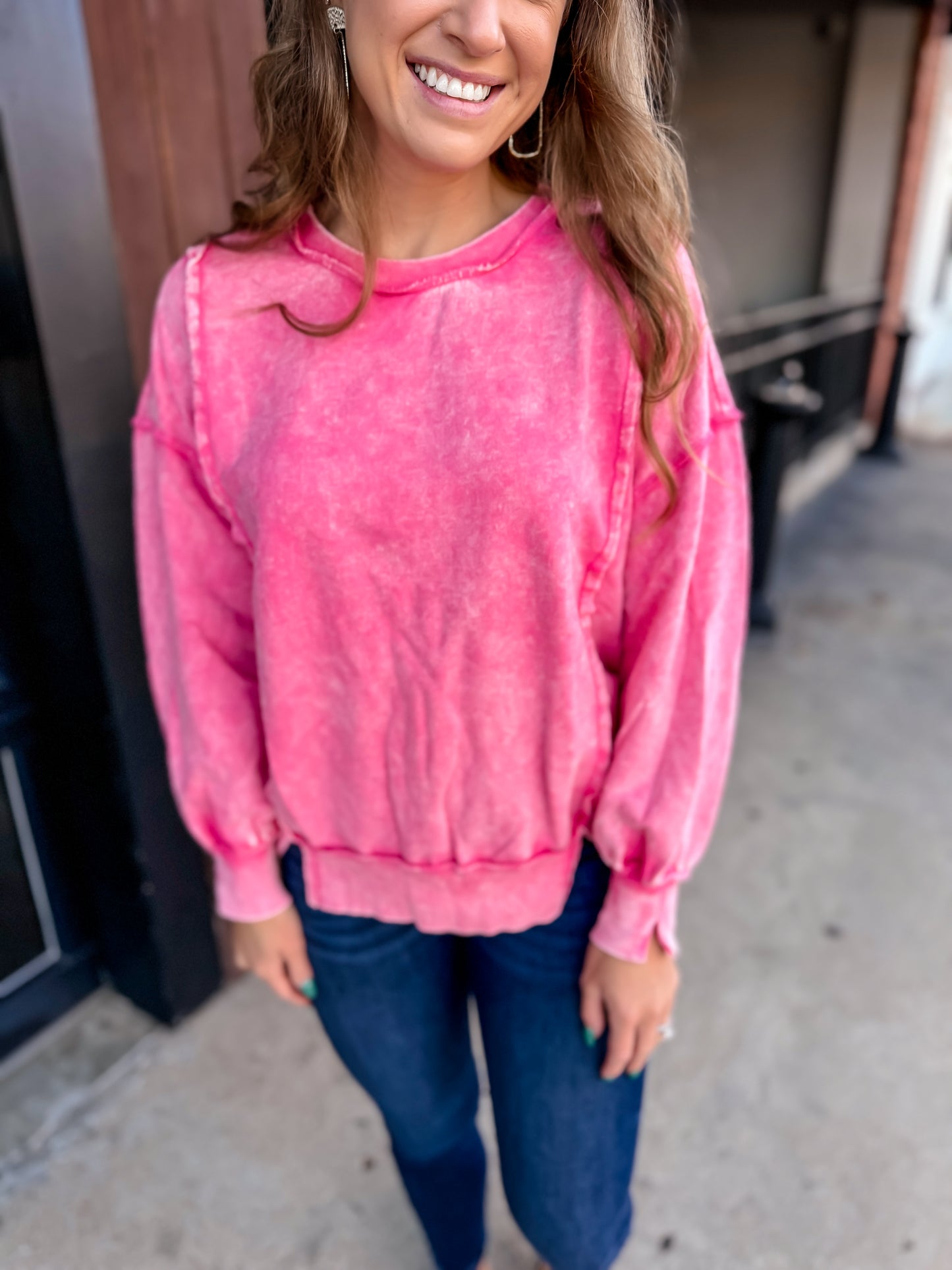 Acid Wash Pullover - Pink