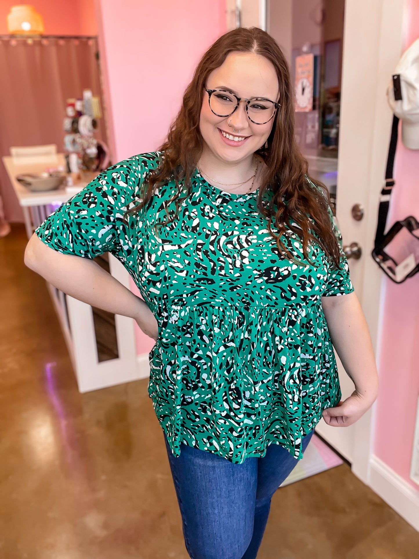 Green Patterned Babydoll Top