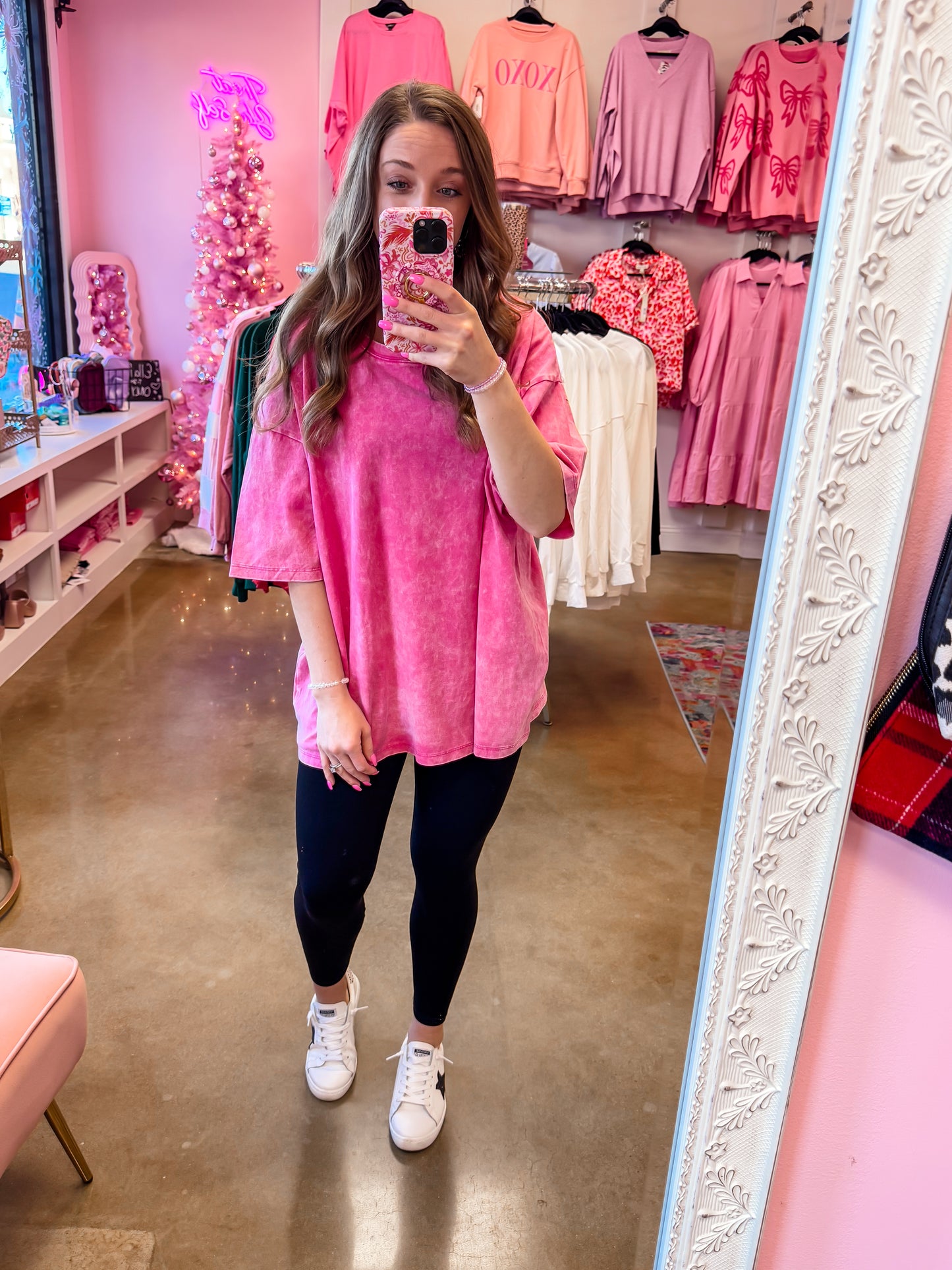 Acid Wash Boyfriend Tee - Hot Pink