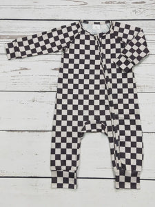 Black Checkered Print Zip Romper