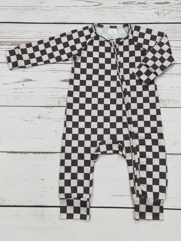 Black Checkered Print Zip Romper