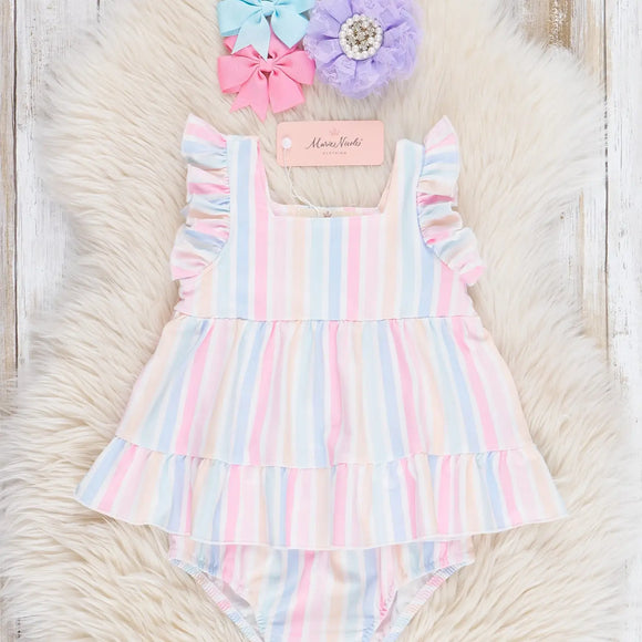 Pastel Striped Flutter Sleeve Top & Bloomers Set