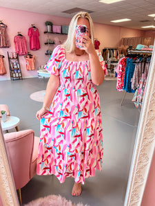 Pink Brush Stroke Midi Dress (S-XL)