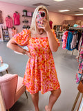 Orange Floral Puff Sleeve Dress (S-XL)